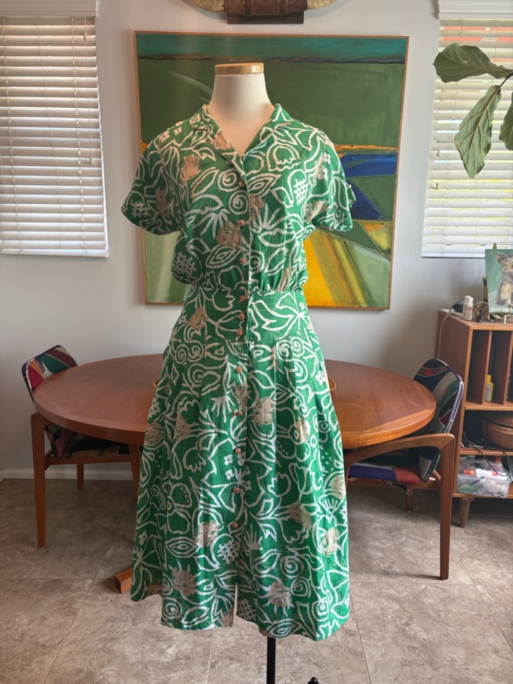Vintage 70s/80s Green Floral Button-Front Cotton Dress
